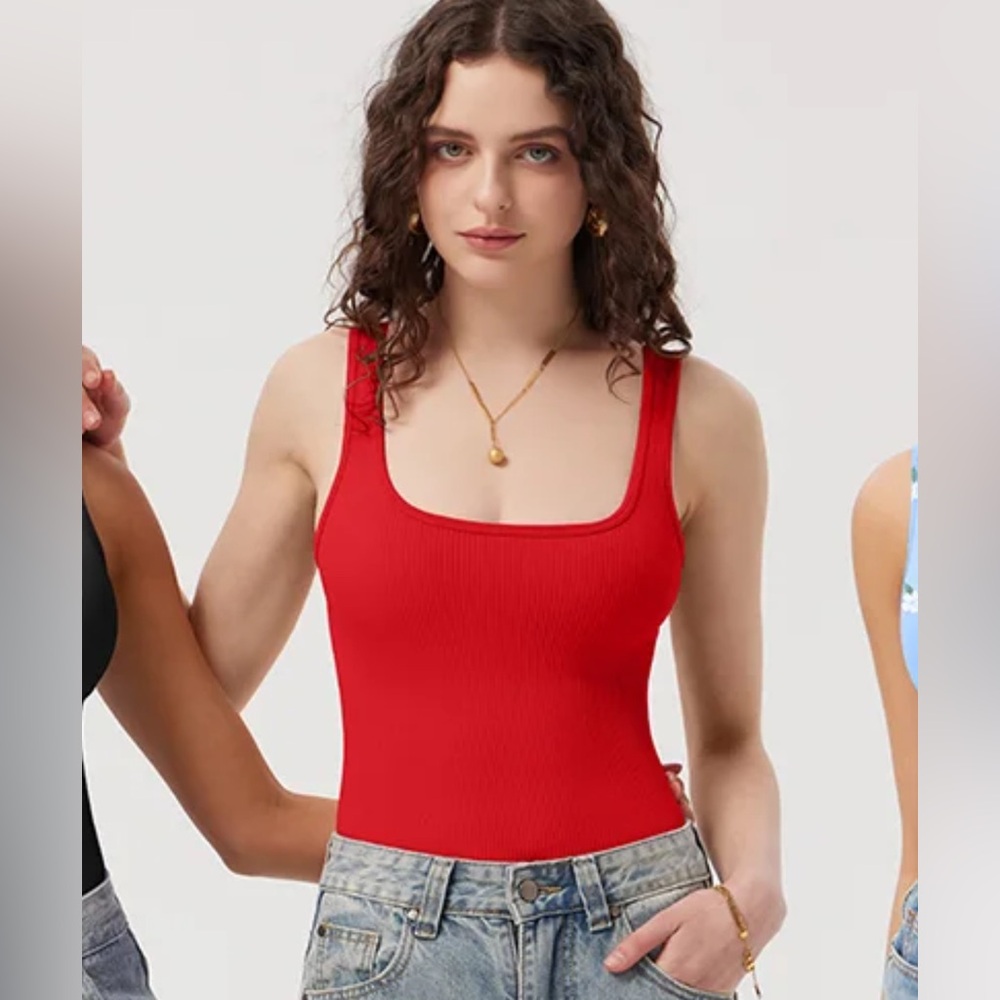 OQQ Ribbed Square neck Bodysuit. Red. NWT. - Picture 2 of 2